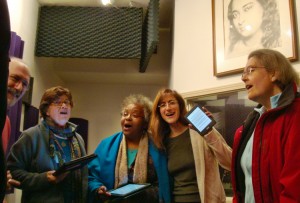 Sopranos and altos from the Palo Alto “Nightingales” i-Rehearse with their tablets. L-R: Santosh, Sharmila, Saranya, Karen, Betsy.